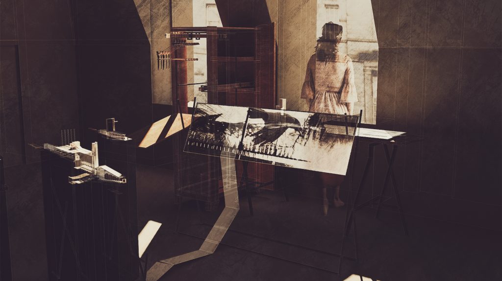 three dimensional 3D visual render of space in Edinburgh studio housing a wardrobe a drawing table a textile sewing table and architecture models