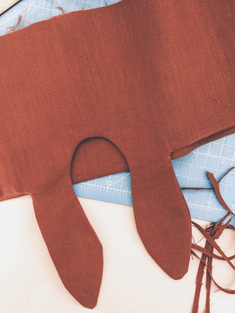 sewing the Jily Top waist tie from orange brown linen