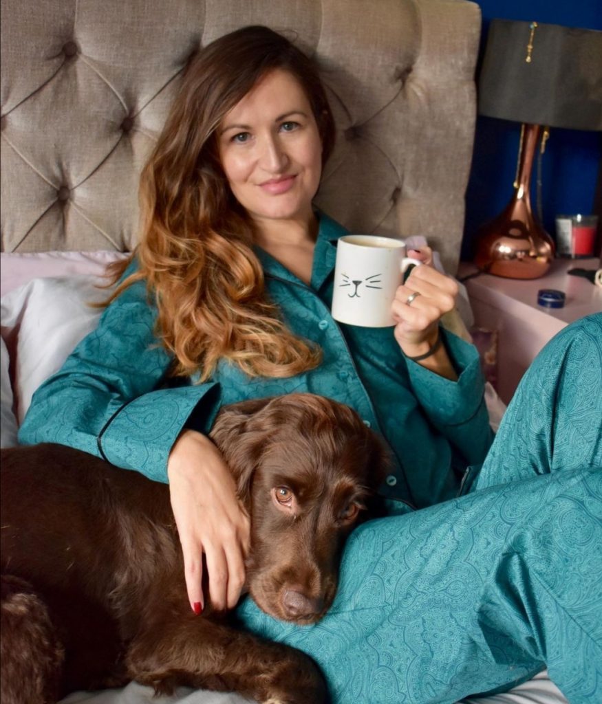 Marie Lawlor in me made teal pyjamas with tea and her dog