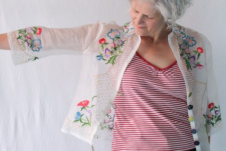 Jen Hogg's vintage tablecloth top with Nuno fabric buttons